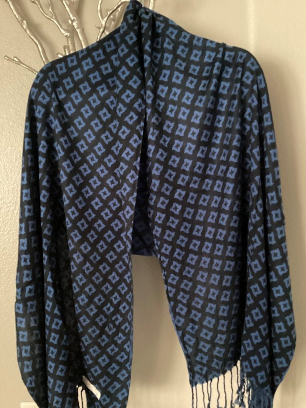 Blue and Black Pashmina Wool and Silk Shawl, Scarf 66" x 26"